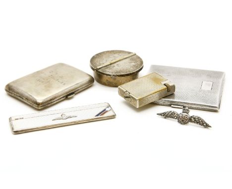A silver cigarette case, together with one other, a silver RAF comb, Dunhill cigarette lighter, RAF badge and a silver plated