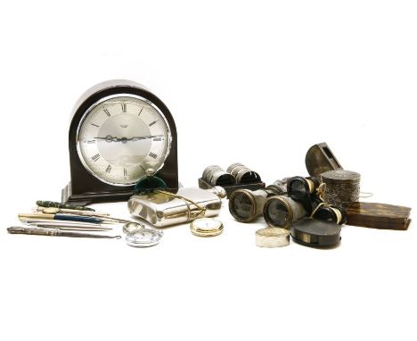 A quantity of miscellaneous items, to include a Smiths bakelite mantel clock, opera glasses, a spirit flask, Parker pens, an 