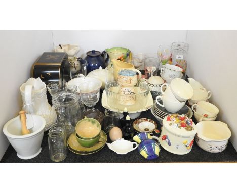 Various china, including a parrot jug, a flower decanter vase, Crown Derby tea strainer and Fortnum and Mason pestle and mort