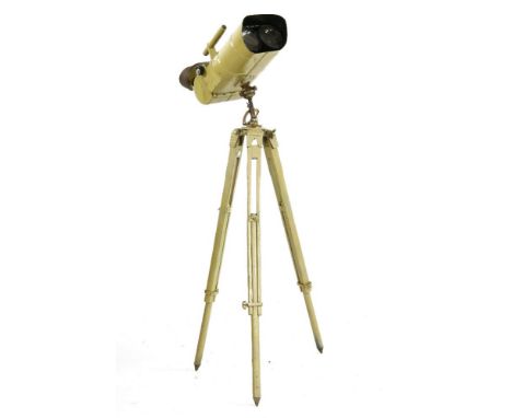 A pair of Deppel-Fernrohr 25 x 105 Flak binoculars, complete with brow pad and sighting tube and on adjustable tripod, 130cm 