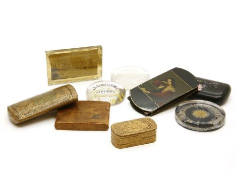 Three paperweights, a papier mache oriental cigar case, a 19th century French cigar case (initialled to base), a Regency peri