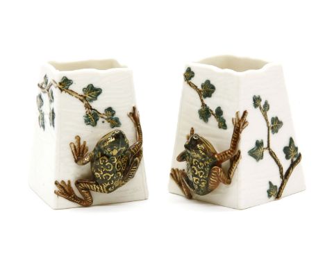 A pair of Royal Worcester dwarf vases, of inversely tapering form with applied frog decoration, 8.5 cm high
