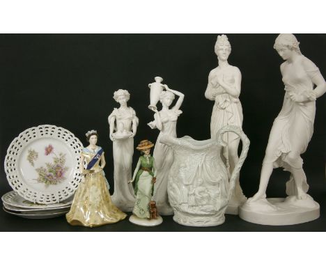 A Royal Worcester porcelain figure H.M. Queen Elizabeth II Diamond Jubilee 54/2500, 24cm high, together with two Minton figur