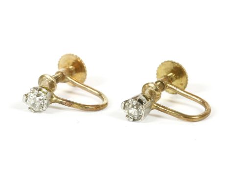 A pair of single stone cushion cut and old Swiss cut diamond screw back earrings, marked 9ct1.27g