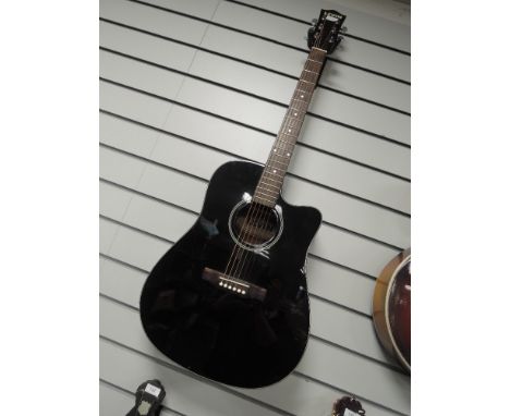 A black Levin electro acoustic guitar and Fender padded gig bag