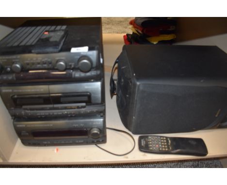 A Kenwood multiple compact disc player and speakers