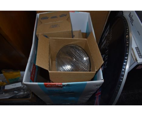 Two boxes of stage lighting etc, including pair of par cans