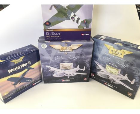 4x Corgi Aviation Archive Models. Including F4U-1D Corsair. Avro York. Hawker Huricane. Avro York RAF missing stand.