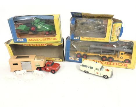 4 Boxed Matchbox Vehicles. A Articulated Horse Van #K-19. A Mercedes Benz Ambulance #k-6. A Combine Harvester #k-9 and a Pipe