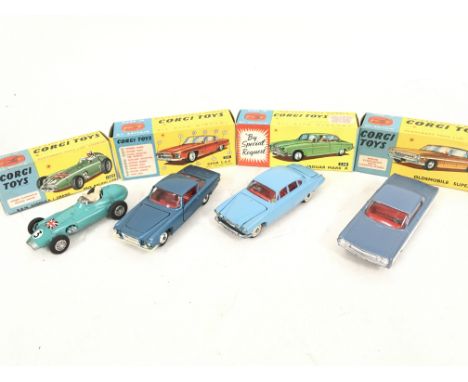 4 X Boxed Corgi Vehicles including Prix Racing Car #1525. A Ghia L.6.4 #241. A Jaguar Mark X #238 and a Oldsmobile Super 88 #