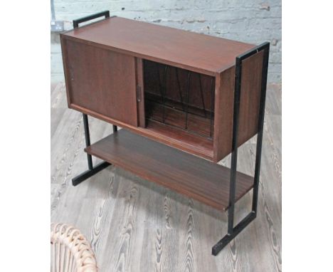 A retro teak record cabinet with lower shelf and metal frame, width 93cm, 38cm & height 88cm.  