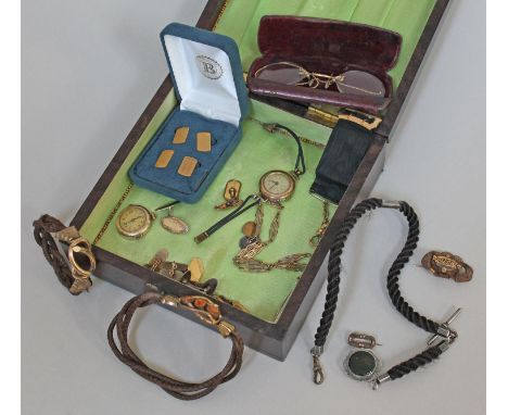 An inlaid box and contents including Victorian hair twist jewellery, various cufflinks, two pocket watches etc.  