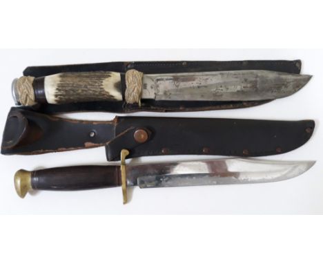 Two hunting knives, one with horn handle, both with leather scabbards, length 33cm & 34cm. 