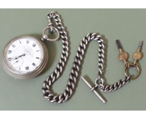 A Thomas Russell & Son silver plated pocket watch diam. 53mm, with hallmarked silver Albert chain, length 35cm. 