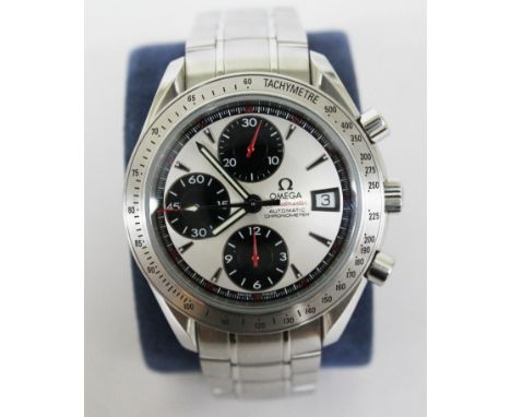 An Omega Speedmaster Date Automatic Chronometer stainless steel wristwatch, silver dial with black subsidiaries, Tachymetre b