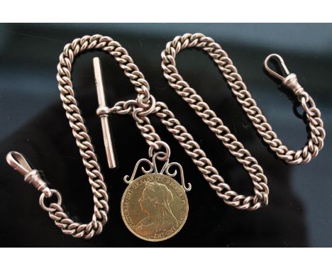 A 9ct gold double Albert chain with T bar and mounted Victoria 1900 sovereign, ;length 37cm, gross wt. 42g.  Condition - T ba