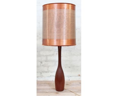 A retro solid teak lamp of slender bottle form with copper bound shade, probably Danish circa 1960s, height including shade 1