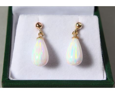 A PAIR OF 9CT GOLD AND OPAL DROP EARRINGS.