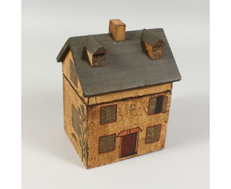 A PAINTED HOUSE TEA CADDY. 6.25ins wide.