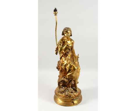 H. MOREAU A GILT BRONZE FIGURAL LAMP BASE, "CHANT DE L'ALOUETTE", modelled as a pensive young girl seated on a tree stump. 24