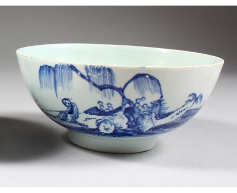 AN 18TH CENTURY VAUXHALL BOWL, painted with two Oriental figures on an island, from the Collection of Bernard Watney, bears l