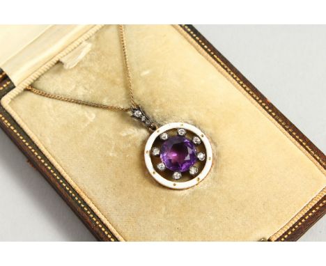 AN AMETHYST, DIAMOND AND ENAMEL PENDANT, on a chain in a "JAY'S" of LONDON leather box.