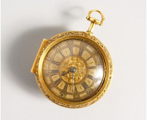 A SUPERB 18TH CENTURY GOLD VERGE REPEAT POCKET WATCH by ANDREW DUNLOP, LONDON, CIRCA. 1701, with pierced gold outer case with