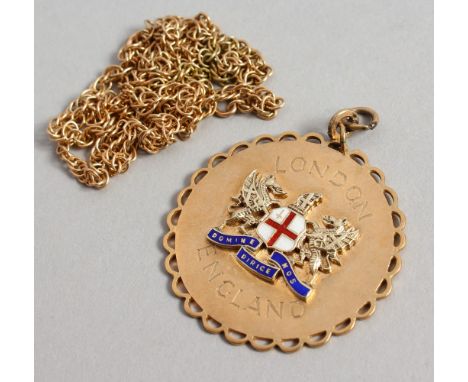 A 9CT GOLD AND ENAMEL "LONDON" PENDANT and chain, 20gms.
