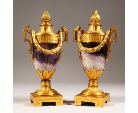A SUPERB SMALL PAIR OF GEORGE III BLUE JOHN CASSOLETTES, attributed to MATTHEW BOULTON, with ormolu mounts and reversible can