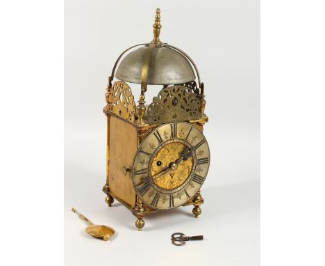 A GOOD 19TH CENTURY, 17TH CENTURY STYLE, BRASS LANTERN CLOCK with double fusee movement. 14ins high.