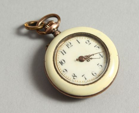 A TINY FRENCH LADIES' ENAMEL CASED WATCH, the back with a young lady in a garden setting.