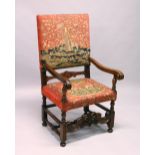 A CONTINENTAL 18TH CENTURY STYLE WALNUT ARMCHAIR, with tapestry upholstered back and seat, turned