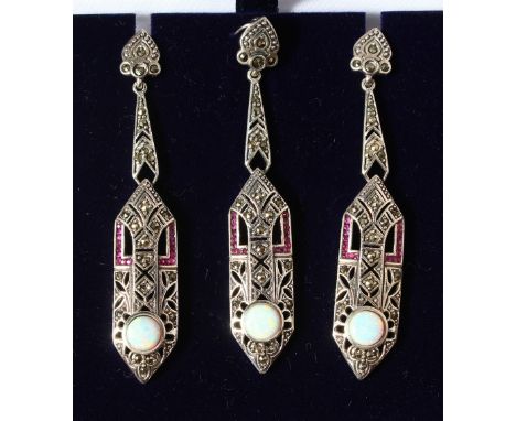 AN ART DECO DESIGN SILVER, OPAL AND RUBY PENDANT AND EARRINGS.