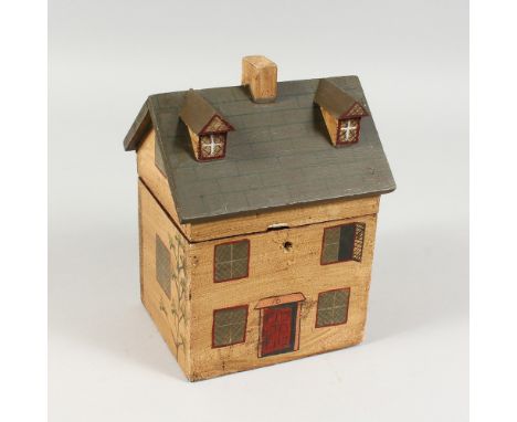 A PAINTED HOUSE TEA CADDY. 6.25ins wide.