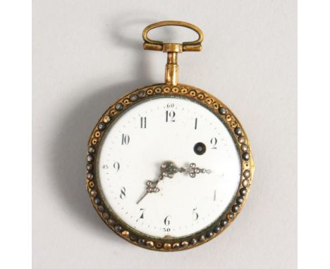 A GOOD 18TH CENTURY 18CT GOLD AND ENAMEL POCKET WATCH with white enamel dial, the reverse with an enamel scene, figures by a 