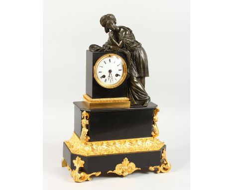 A GOOD 19TH CENTURY FRENCH BRONZE AND ORMOLU MOUNTED SLATE MANTLE CLOCK, mounted with a bronze figure of Sibylla of Persia, t
