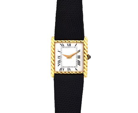 A gold square cased lady's wristwatch, the jewelled lever movement detailed Swiss 17 jewels, the unsigned square white dial w