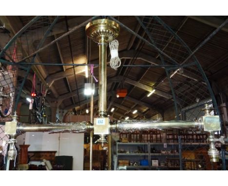 A Victorian style gilt metal two branch ceiling light, 20th century, formerly fitted for oil and now with electric fitments, 