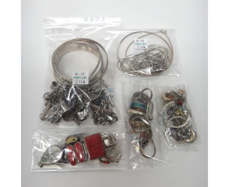 Silver and other jewellery, comprising; an oval hinged bangle, a charm bracelet, two circular bangles, four bracelets, ten ri