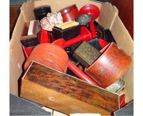 Collectables, including; tortoiseshell glove box and a snuff box, black and red lacquered boxes, pewter tobacco jar and sundr