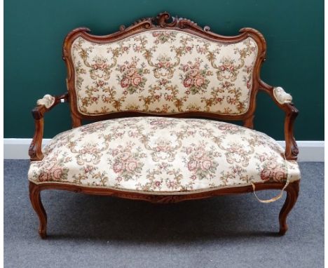 A Louis XV style salon suite, to comprise; a sofa (125cm wide x 95cm high), a pair of open armchairs (61cm wide x 90cm high) 