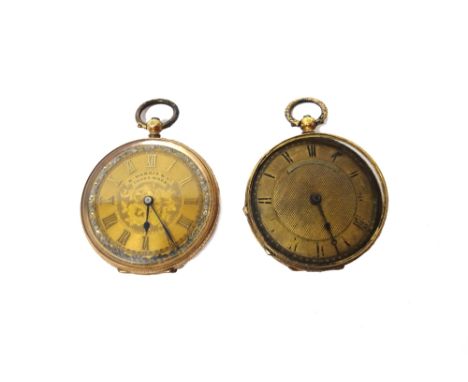 A lady's gold cased key wind open faced fob watch, with a gilt cylinder movement, base metal inner case, the decorated gilt d