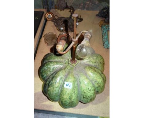 A 20th century ceramic table lamp formed as a green pumpkin 45cm tall and a three branch gilt metal ceiling light with glass 