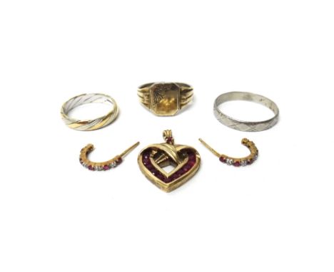 A platinum wedding ring, weight 3.3 gms, a 9ct two colour gold wedding ring, a signet ring, a ruby set heart shaped pendant a