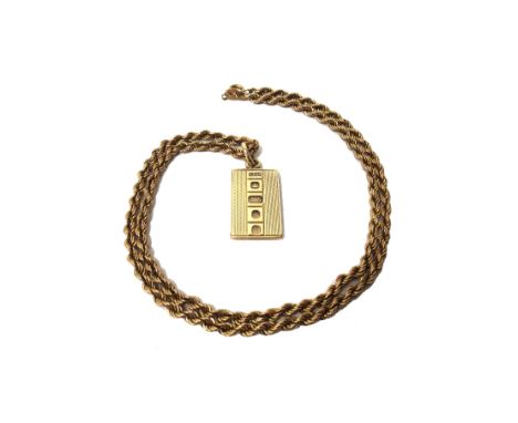 A 9ct gold rectangular pendant, formed as an ingot with engine turned decoration, with a 9ct gold ropetwist link neckchain, o
