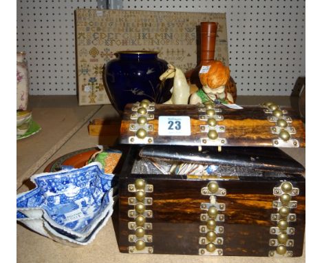 Ceramics and collectables, comprising; coromandel tea caddy, Ashtead pottery book end formed as a boy, Ashtead pottery wall m