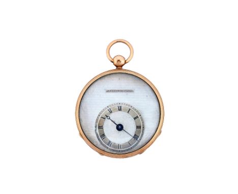 A gold cased, key wind, openfaced fob watch, with an unsigned gilt cylinder movement, gold inner case, detailed Boubon Palais