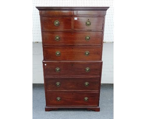 A small 19th century mahogany chest on chest of two short and five long graduated drawers, on bracket feet, 88cm wide x 156cm