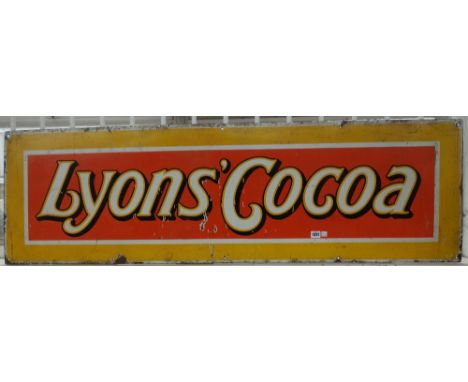 Five early 20th century enamel advertising signs, comprising; 'Lyons Cocoa' (152cm x 46cm), 'Bateys' (77cm x 50cm), 'Rito Roo