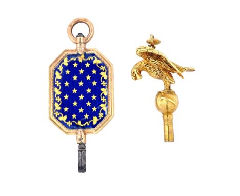 A gold mounted Victorian watch key, with a bird motif and a gold mounted and blue enamel watch key, of cut cornered rectangul